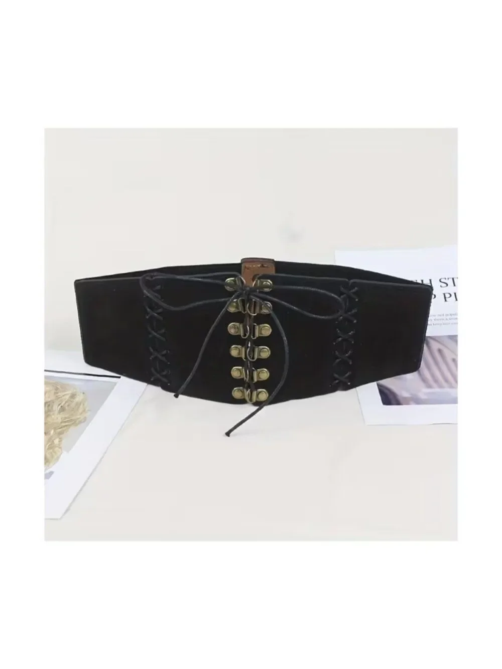 NWT Vintage Suede Lace Up Elastic Corset Waist Belt Cinch Black Coffe-Brown